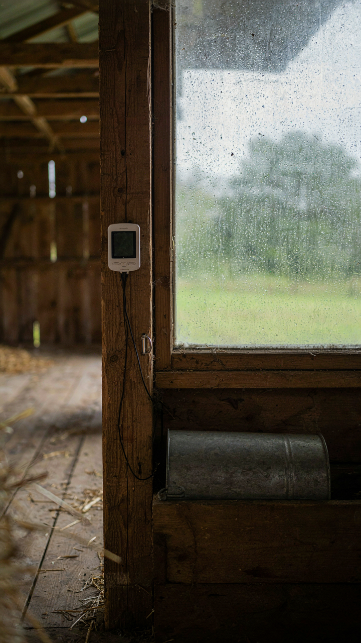 A digital humidity monitor shows high moisture inside a small barn house.