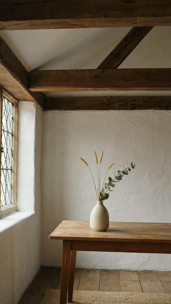 A well-proportioned room in an English cottage with timber beams and minimal decor.