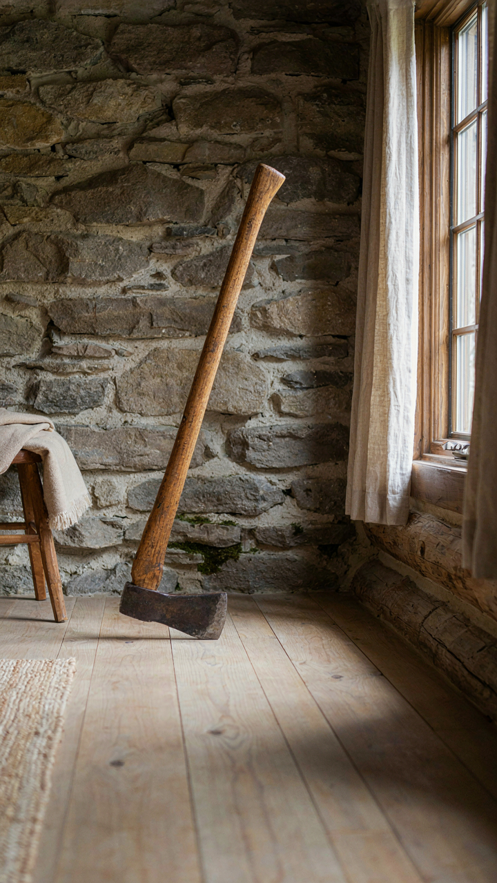 A vintage ax with a worn wooden handle leans against a stone wall in a bright cabin.
