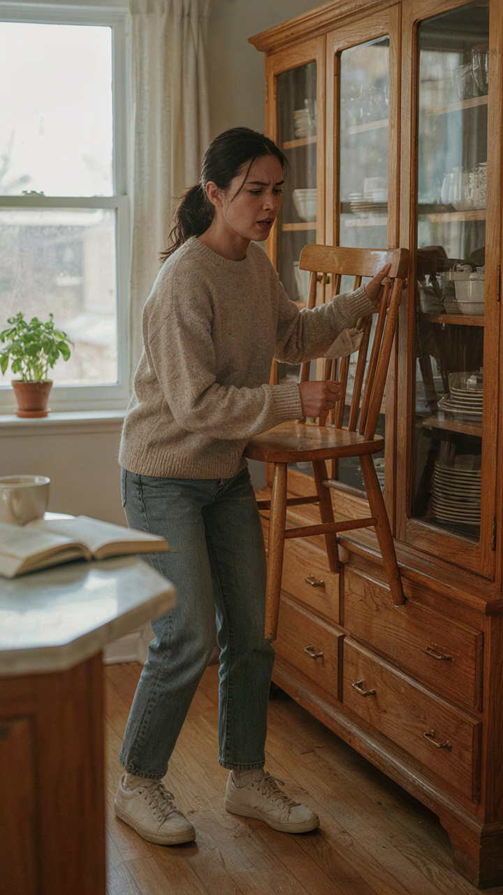 A woman struggles to move her chair in a cramped dining room with a large hutch.