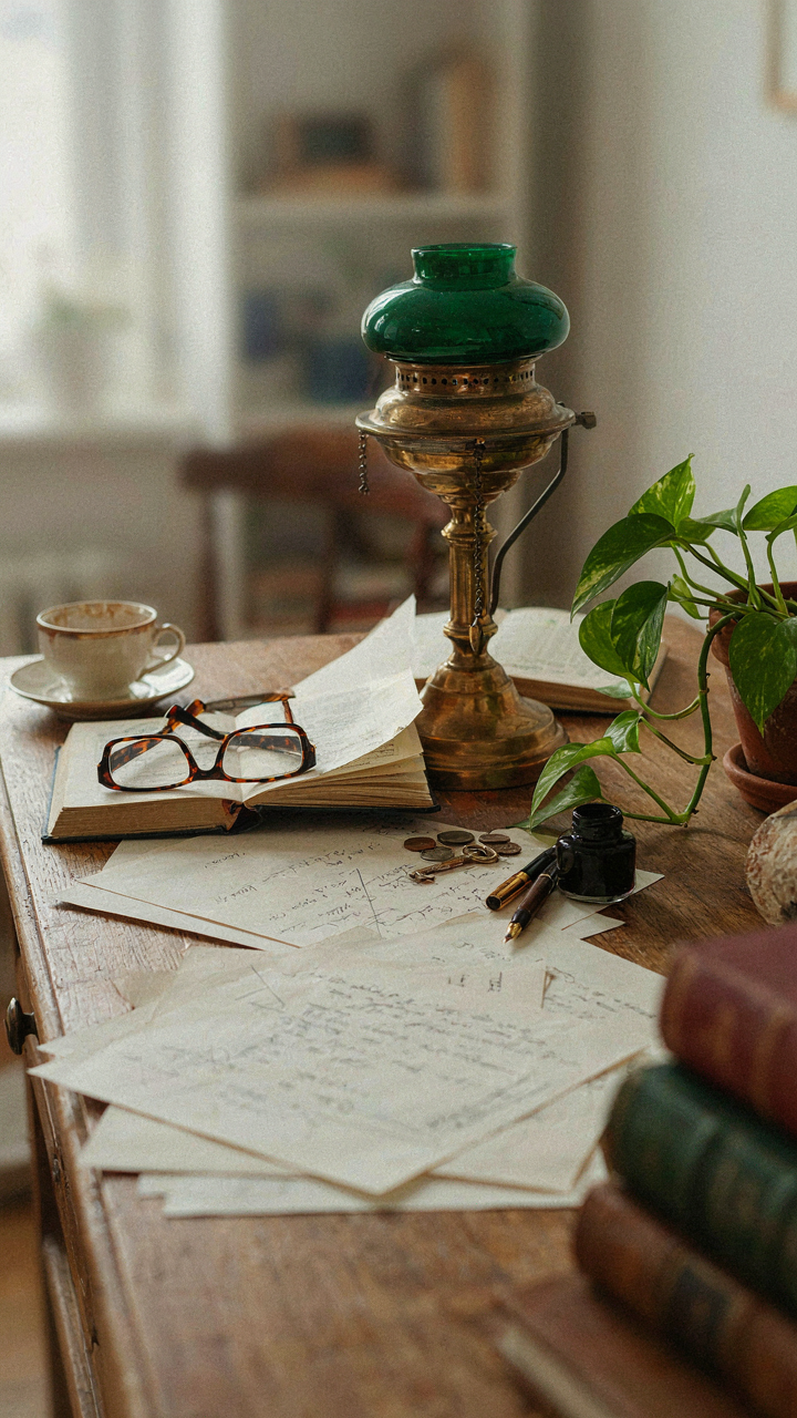A vintage lamp on a cluttered, decorative desk.