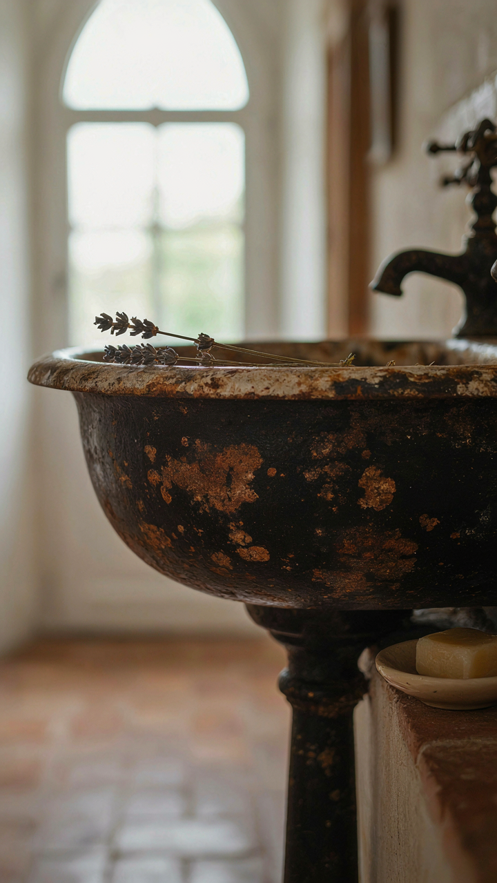 A close-up of a cast iron fixture shows authentic rust and mineral buildup.