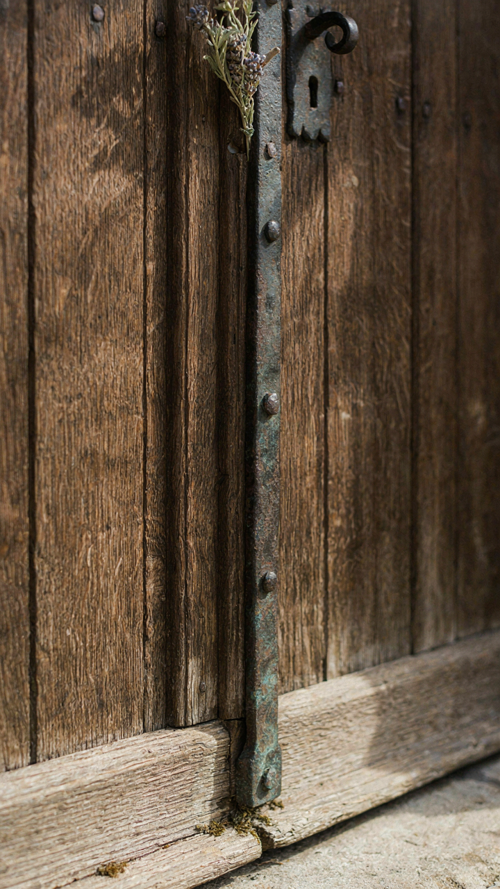 A close-up of a rustic, hand-forged iron hinge on a wooden door.