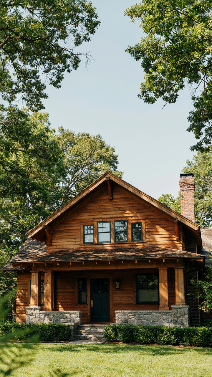 A Craftsman bungalow shows natural wood, stone, and brick materials.
