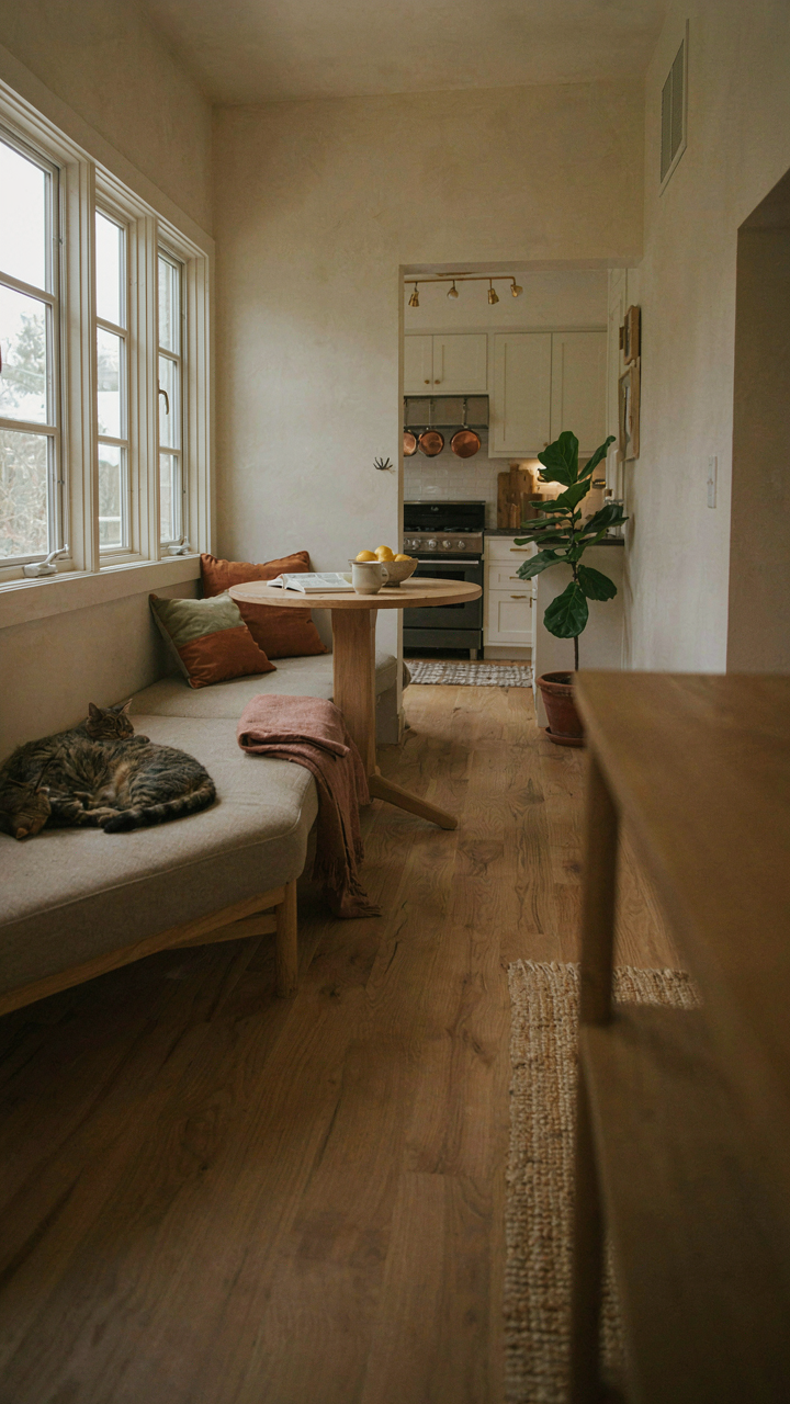 A small, efficient craftsman cottage interior with a window seat and dining area.