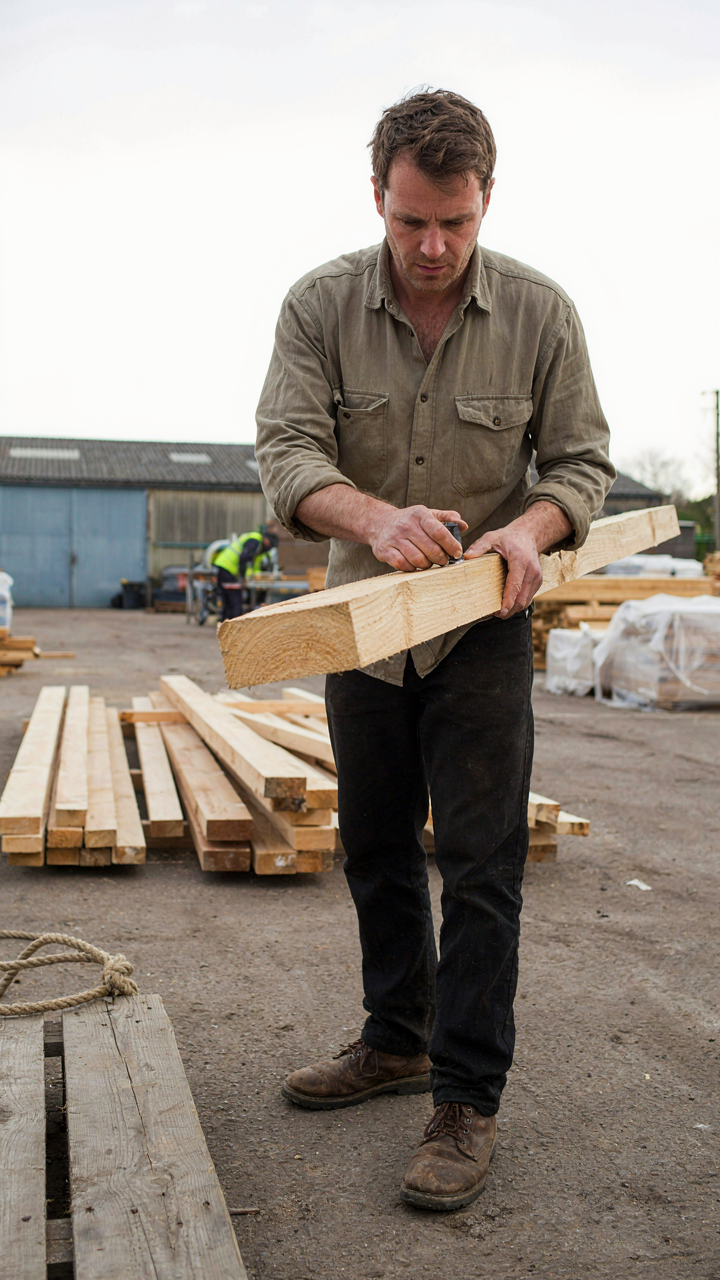 A carpenter inspects a large timber beam, choosing wood for a craftsman fireplace.