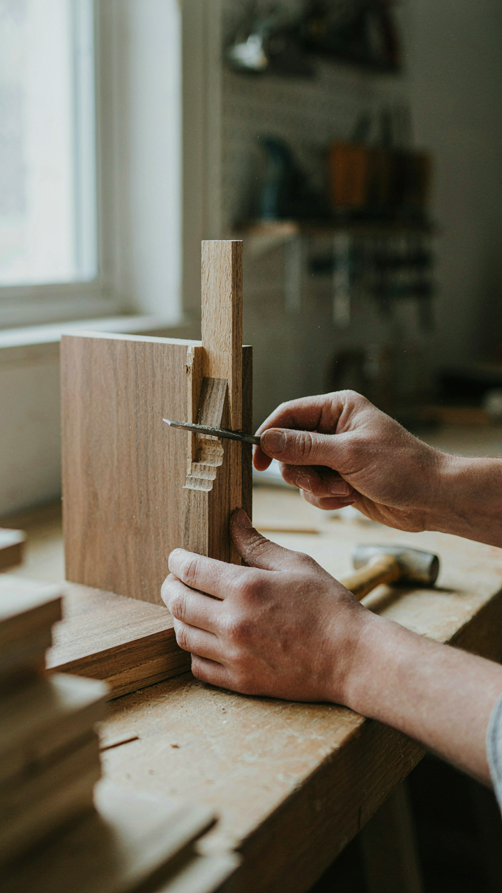 A craftsman's hands working on a detailed wooden joint for a built-in cabinet.