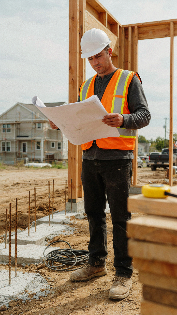 Structural engineer reviewing blueprints at a construction site with craftsman porch footings.