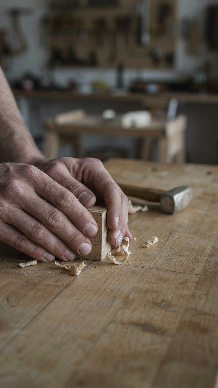 Hands assembling a through-tenon joint on solid wood furniture.