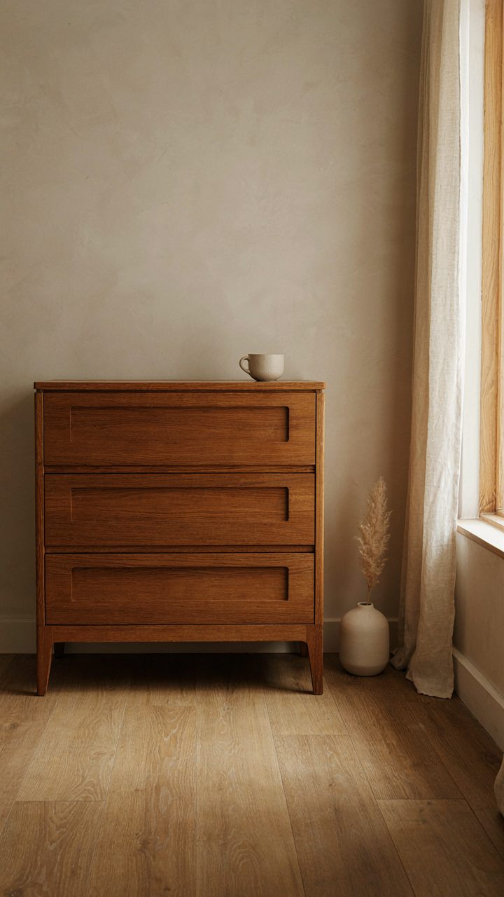 A single, well-made wooden dresser in a minimalist craftsman bedroom.
