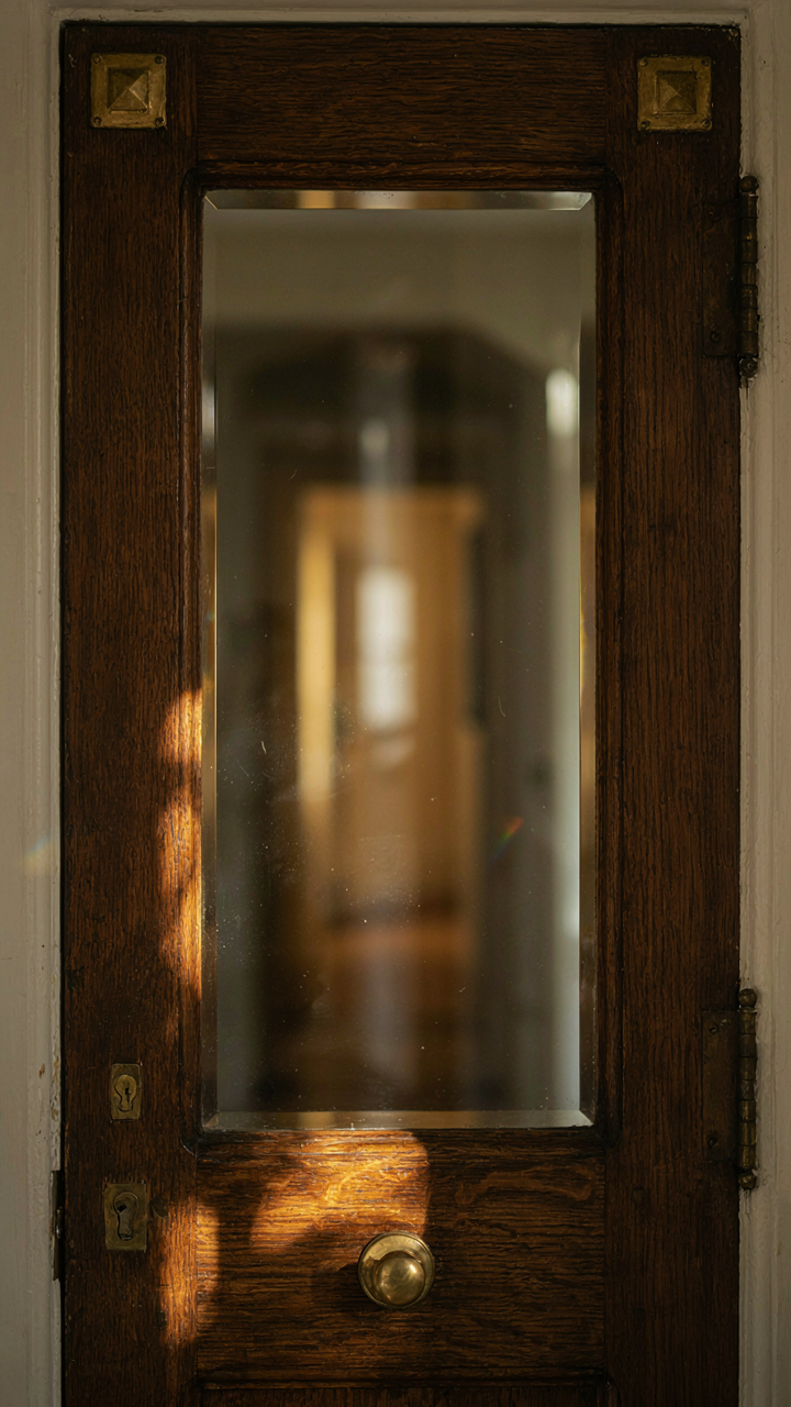 Beveled glass panels in a craftsman front door, showing light refraction.