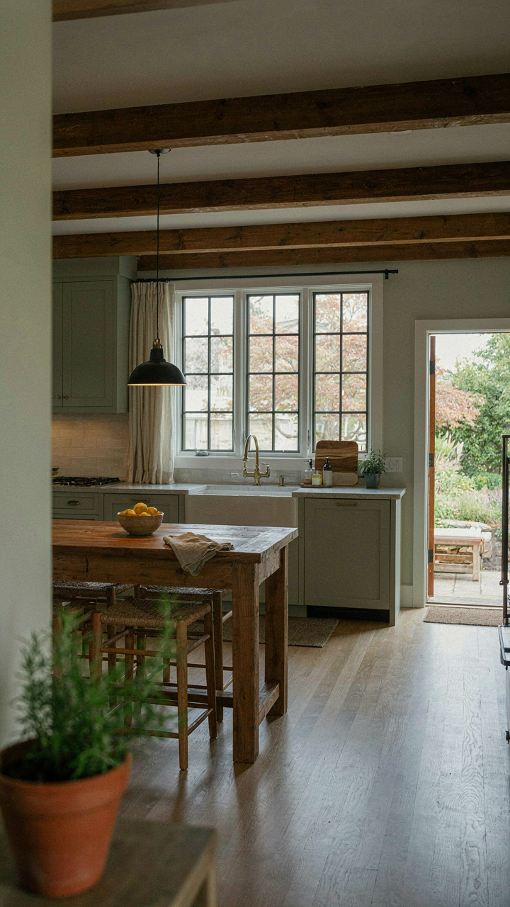 A craftsman kitchen with a large window and natural daylight on the work area.