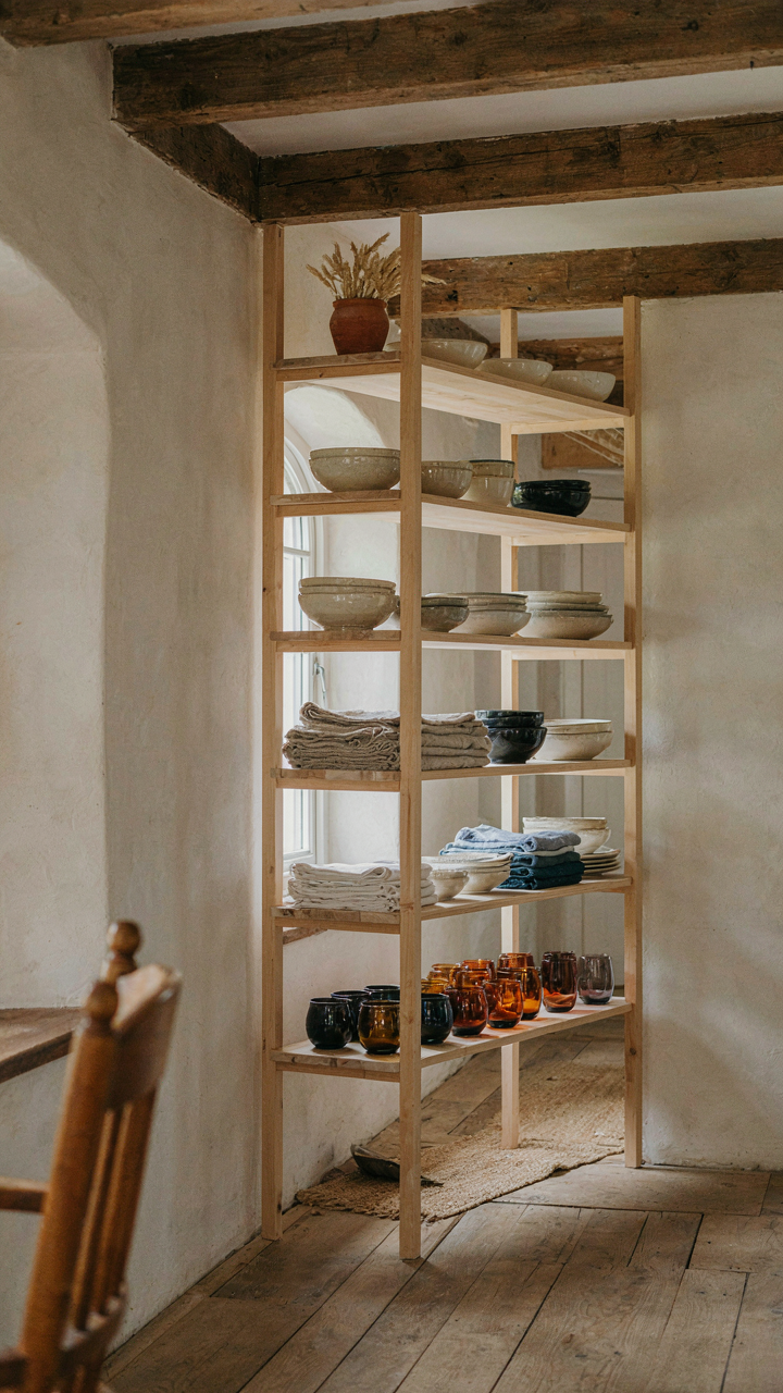 A tall open shelving unit with pottery and glassware in a small farmhouse interior.