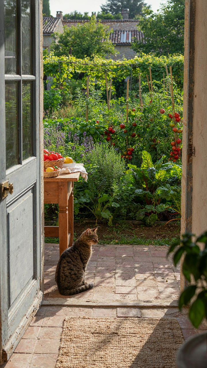 A French country cottage kitchen doorway opens directly into a lush vegetable garden.