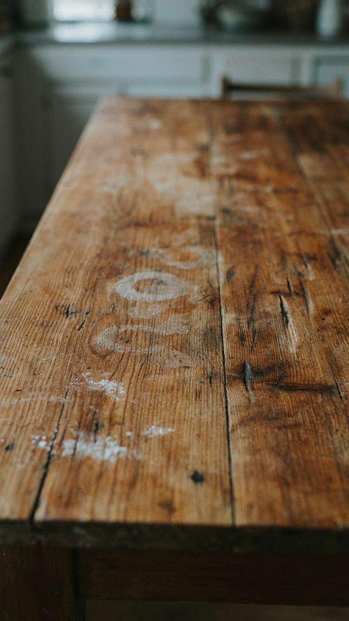 Close-up of an old farmhouse table showing authentic wear and tear from years of use.