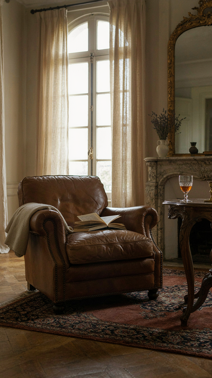 A lived-in French chateau living room with a book on an armchair.