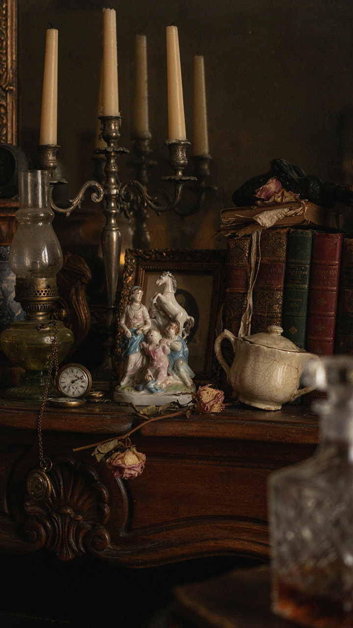 A mantelpiece overflows with antique objects in varied heights.