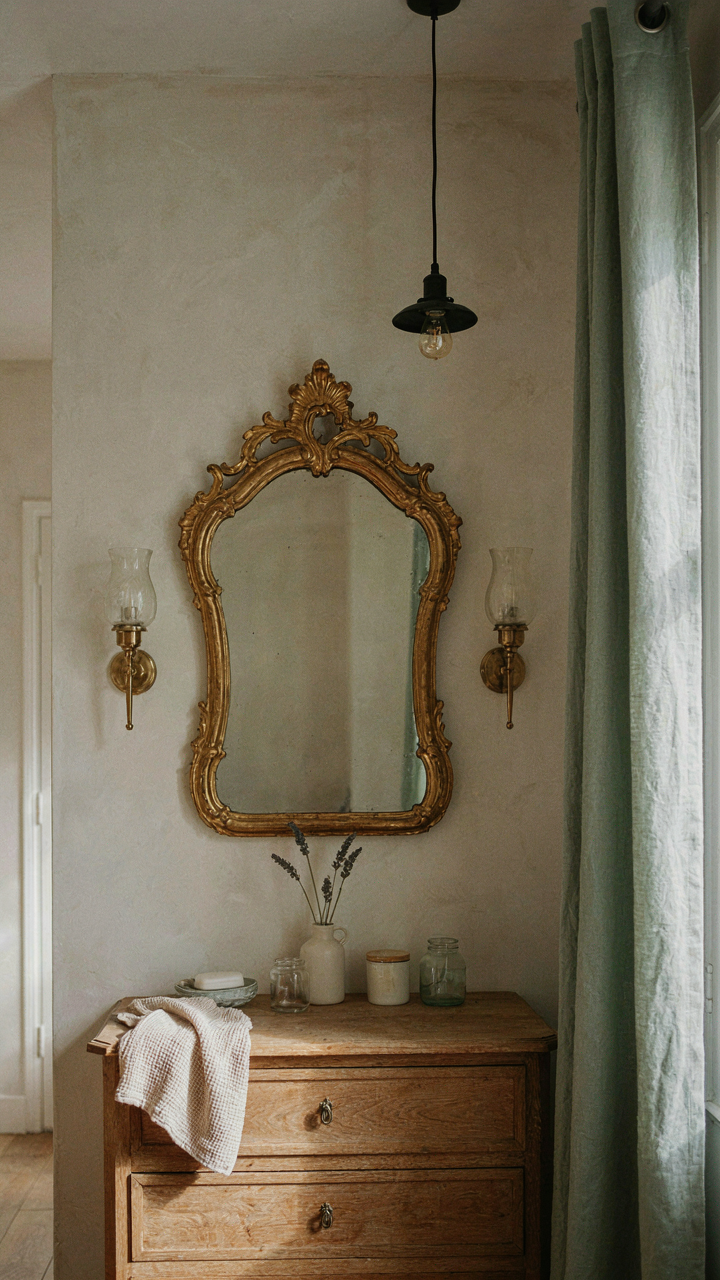 A French country bathroom shows a mirror, sconces, and an off-center pendant light.