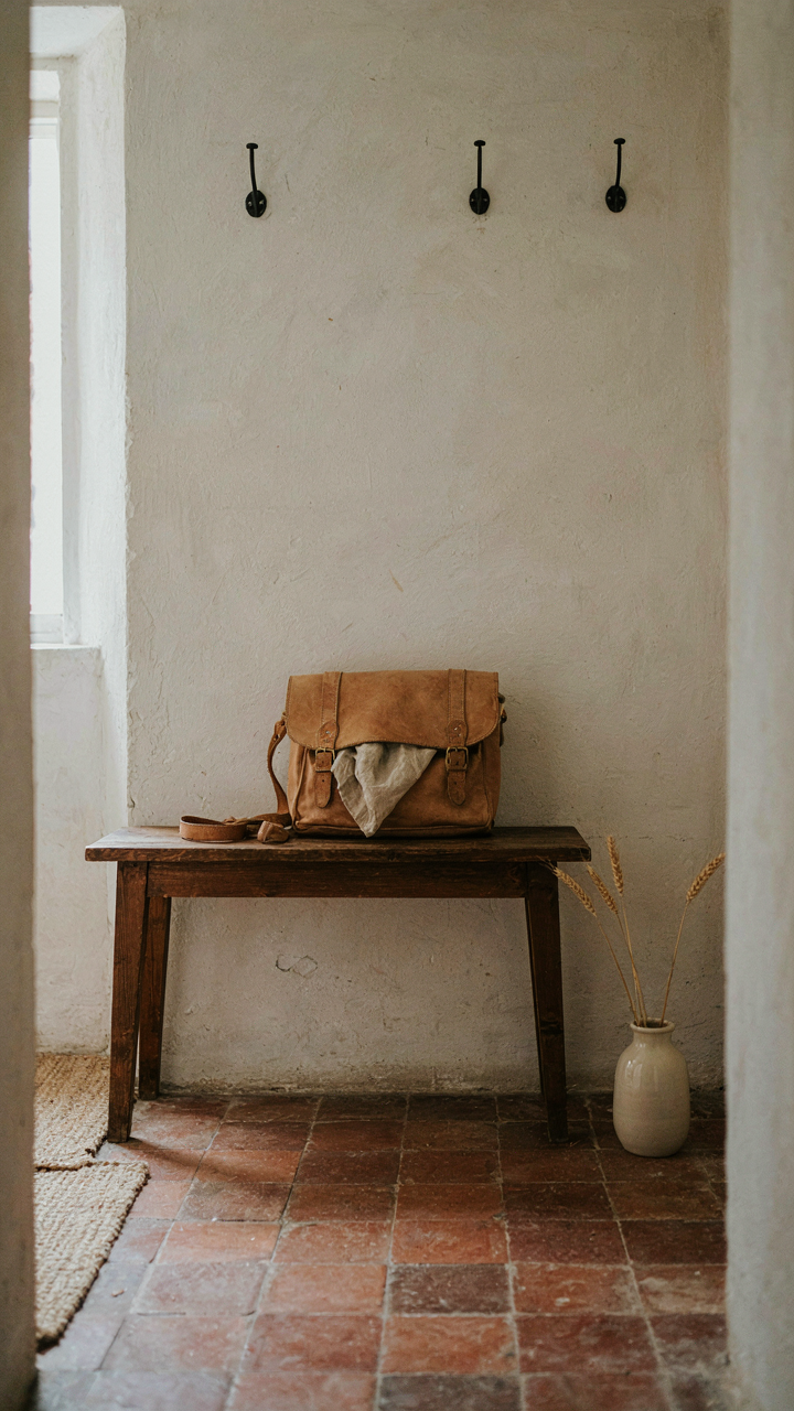 A dark wooden bench with a leather satchel and iron hooks in a french country entryway.
