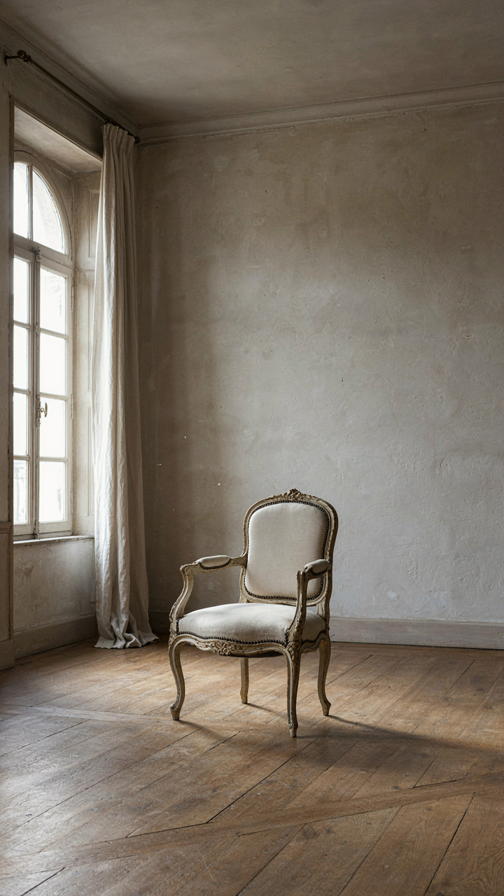A single, elegant curved chair sits in a spacious, minimally decorated room.
