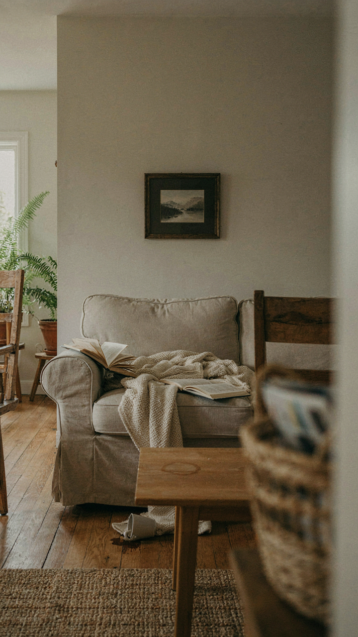 A relaxed cabin living room with a bunched blanket and mismatched chairs.