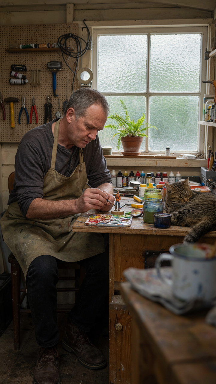 A hobbyist paints miniatures at a workbench, lit by a frosted garden shed window.