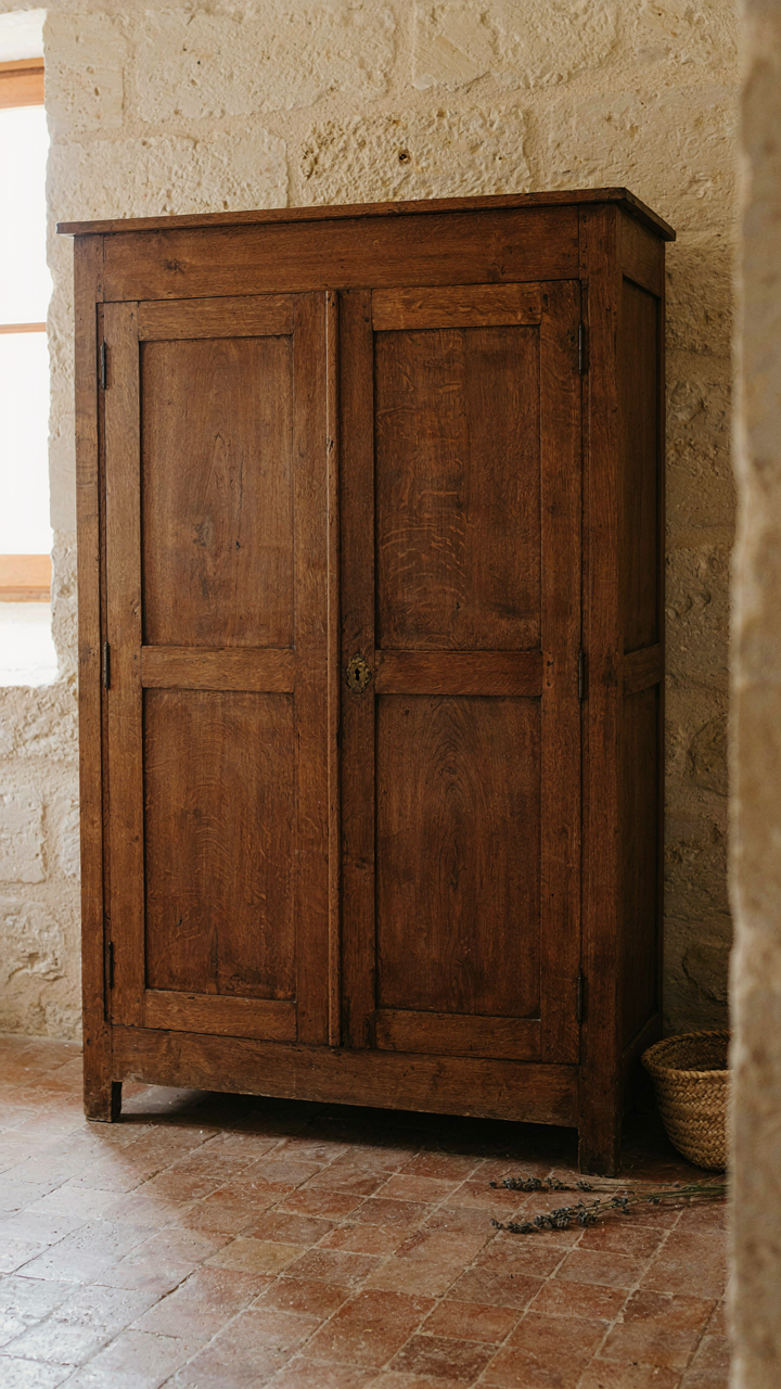 An antique solid walnut armoire from Provence, showing rich patina.