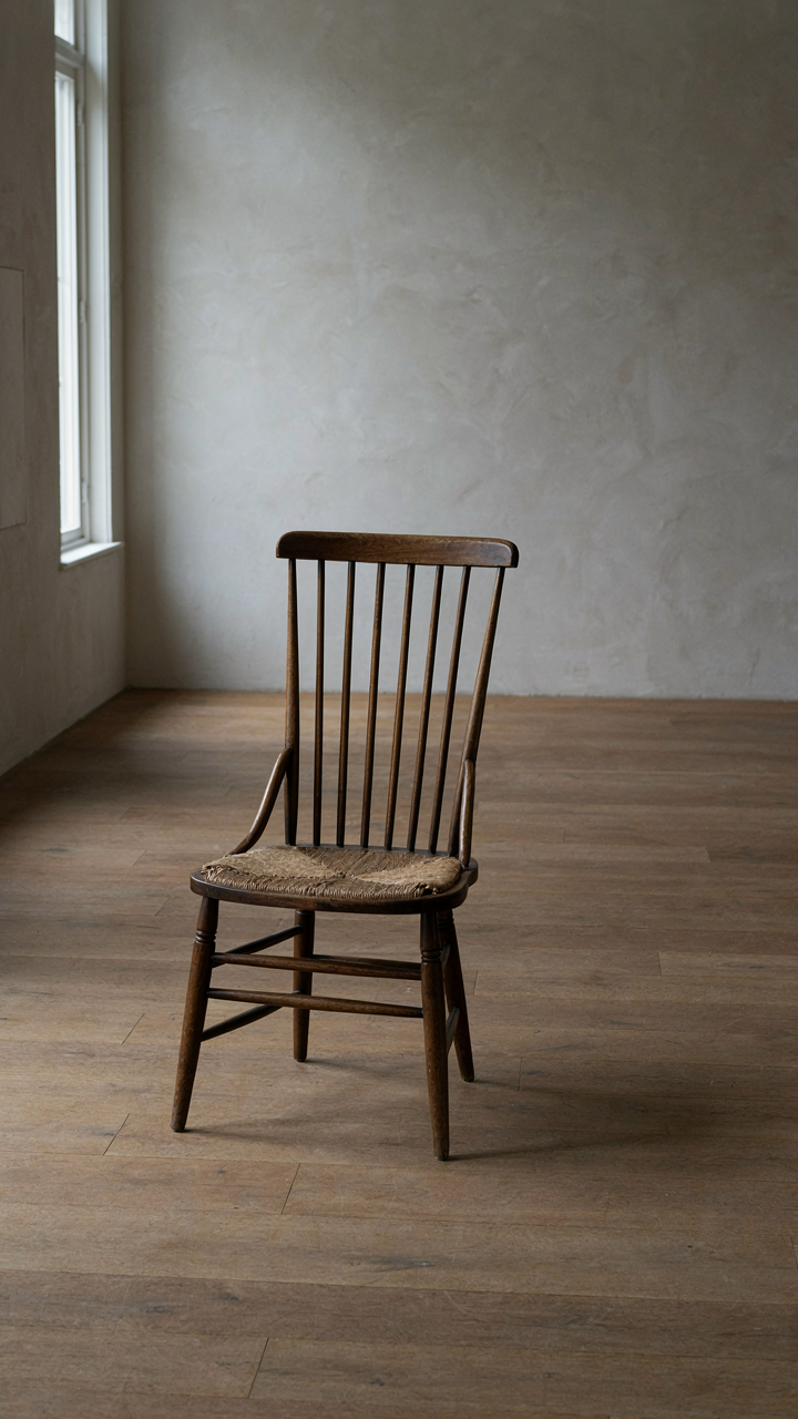 A single antique ladder-back chair with a visible maker's mark.