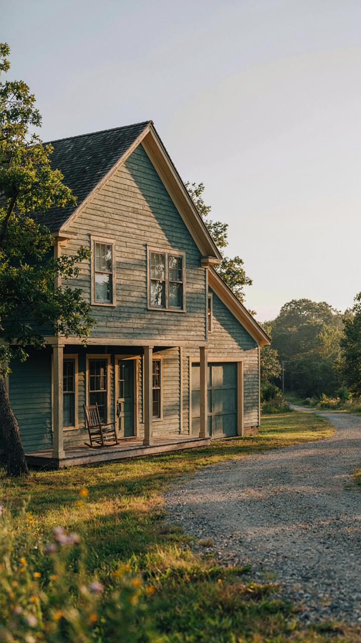 A farmhouse with deep eaves casting shadows, showing integrated garage design.