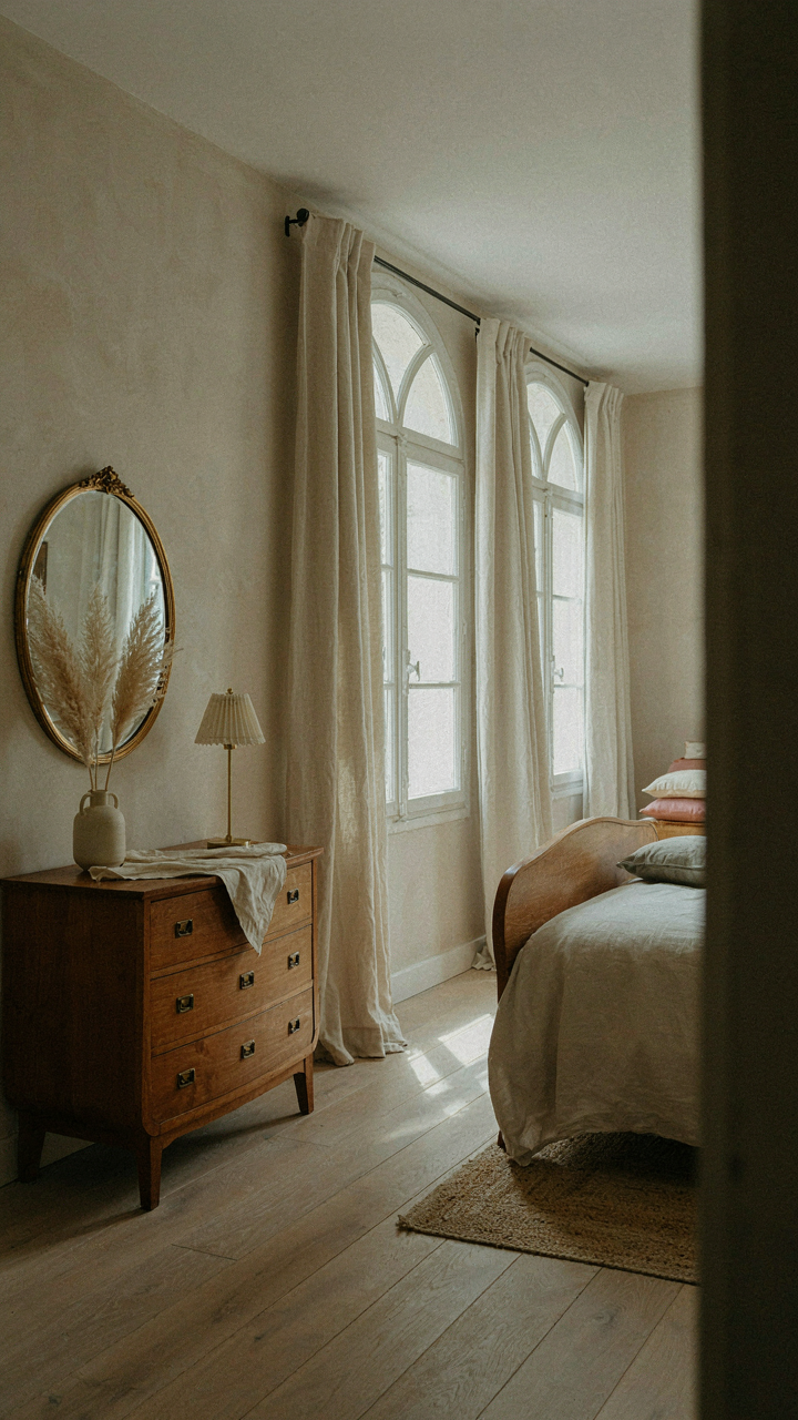 A minimalist french provincial bedroom features one curved mirror above a dresser.