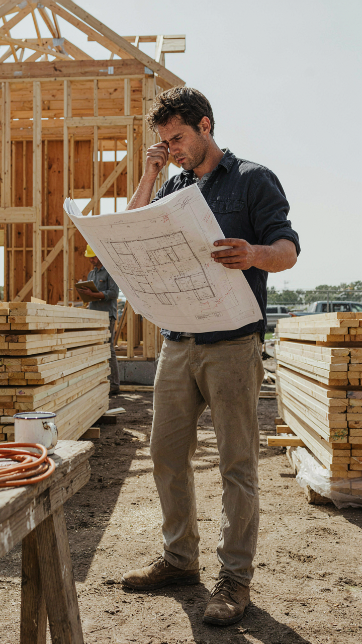 A builder looks frustrated at complex custom blueprints for a small barn house.