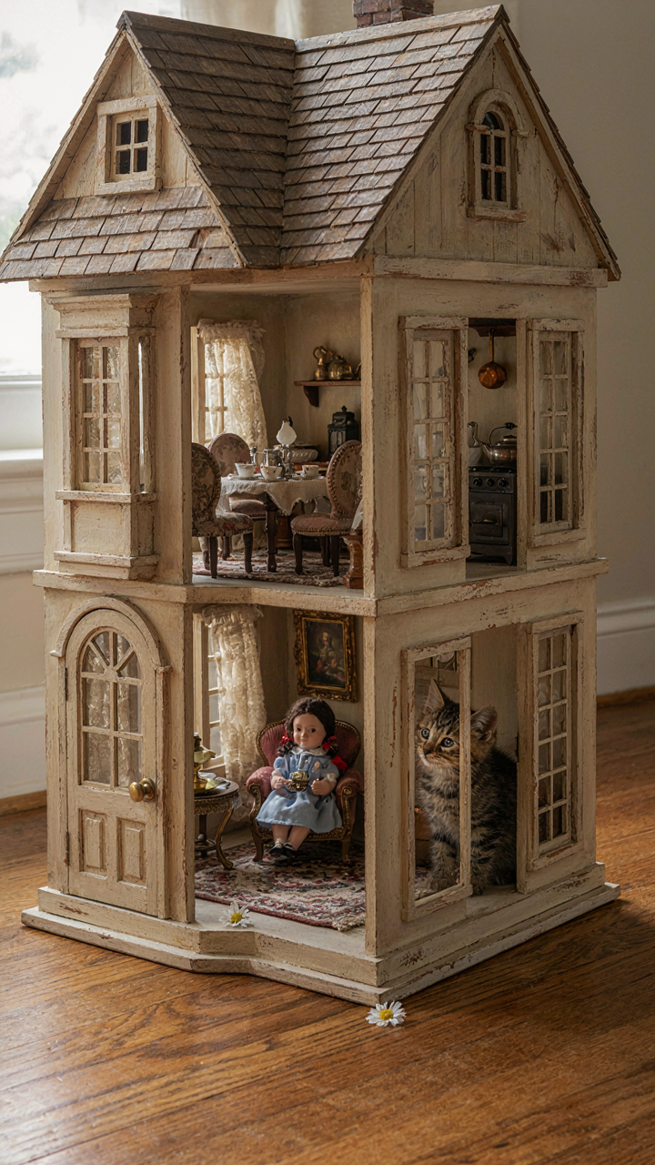 An antique dollhouse with tiny furniture shows perfect scale and proportion.