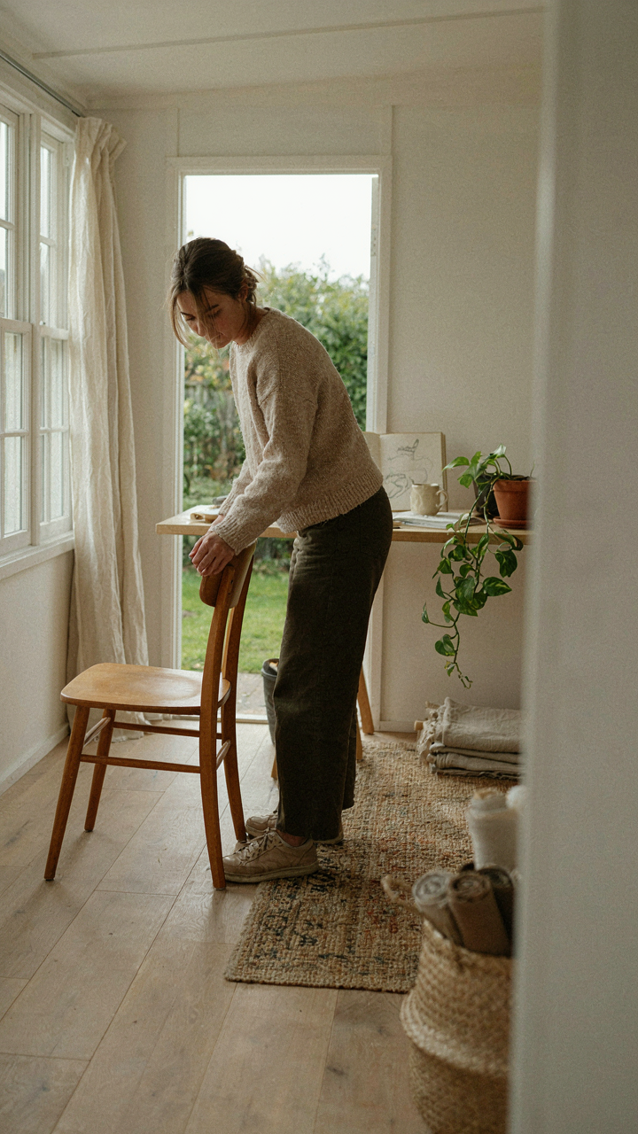 A person adjusts furniture in a she shed interior based on actual use.