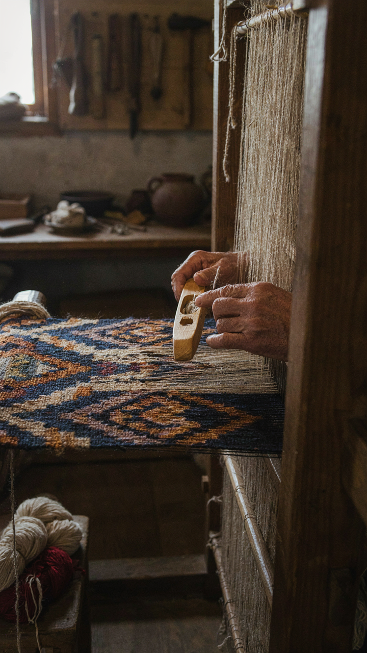 A weaver's hands work at a traditional wooden loom with natural wool.