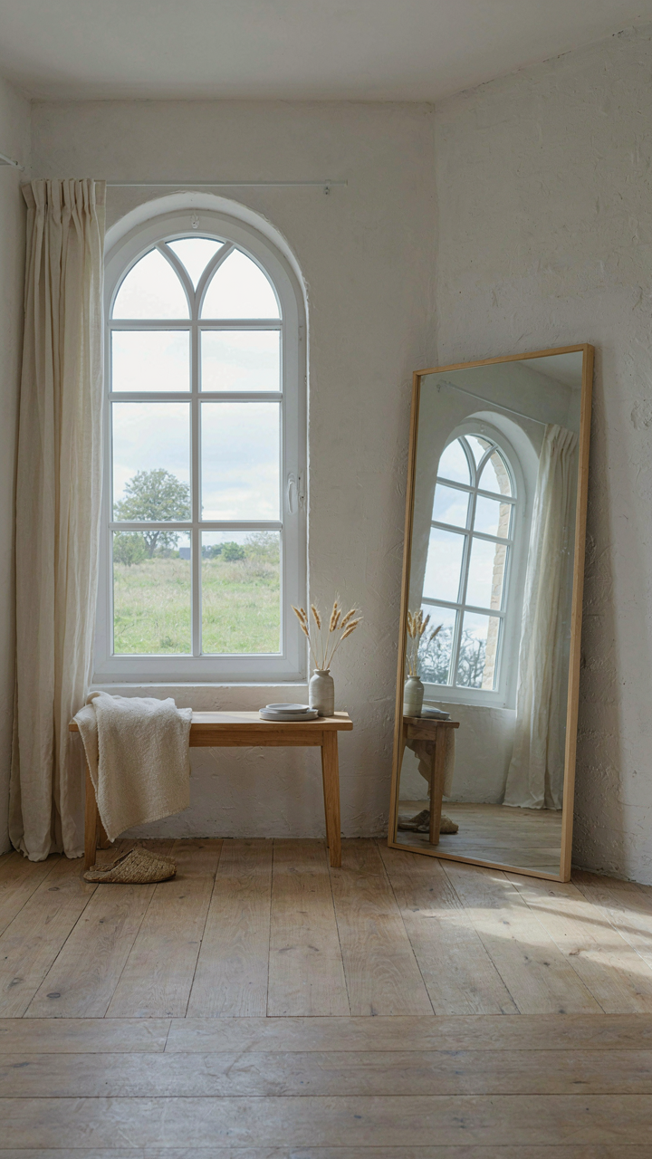 A large mirror reflects a window in a bright white cottage room.