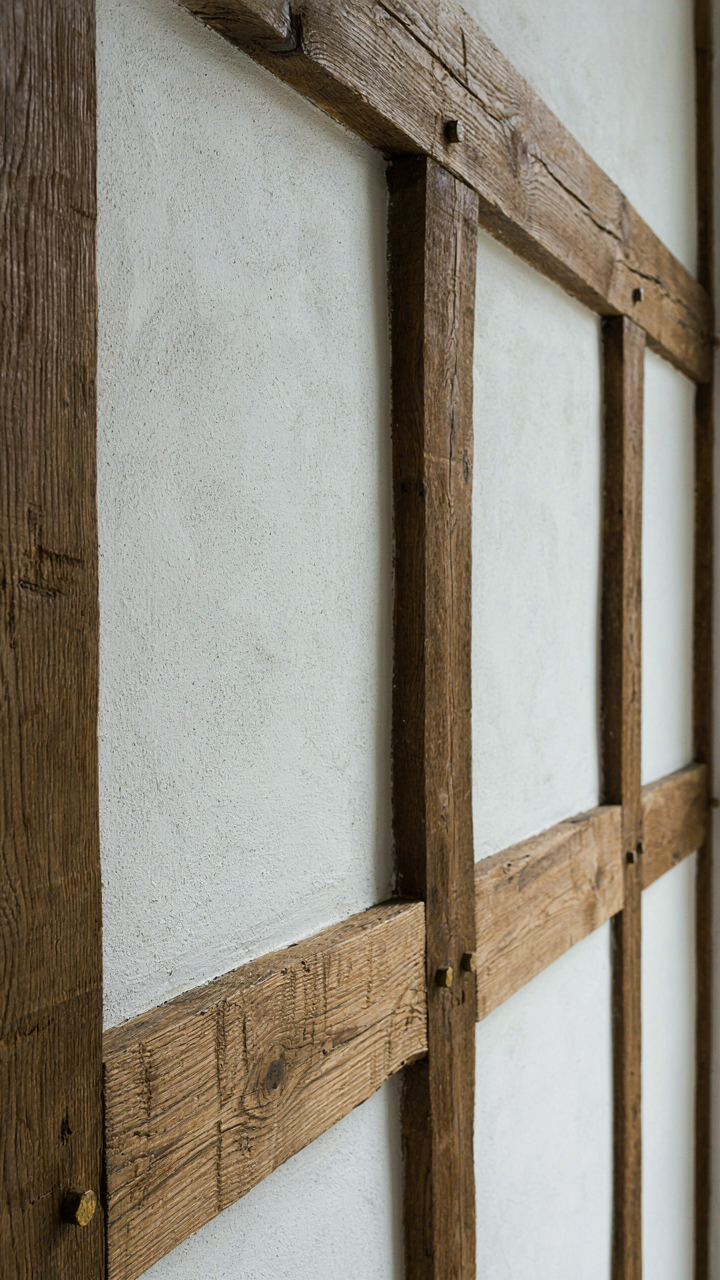 Dark oak timber frames a white plaster wall in a Tudor interior.