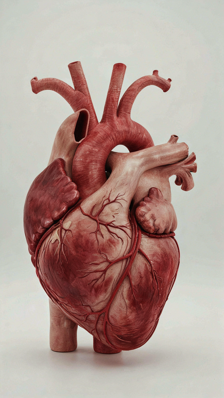 Detailed diagram of a human heart with labeled chambers.