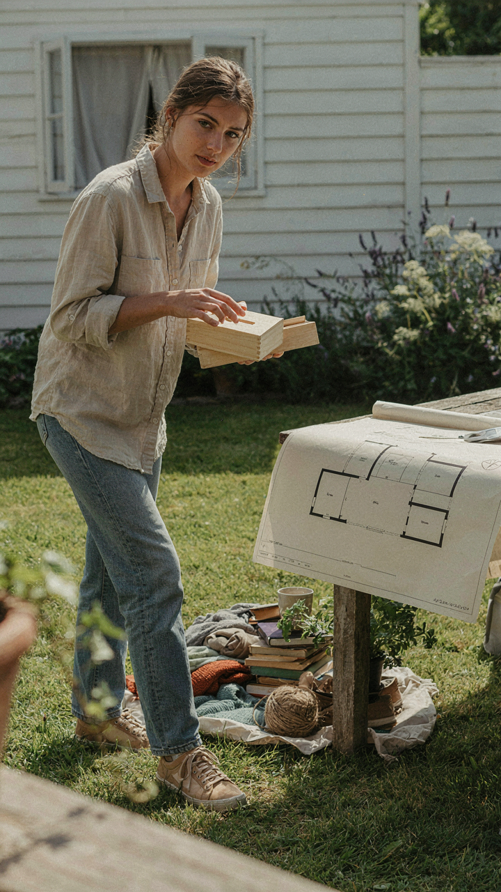 A person sorts through belongings, with a donation box and a backyard cottage plan nearby.