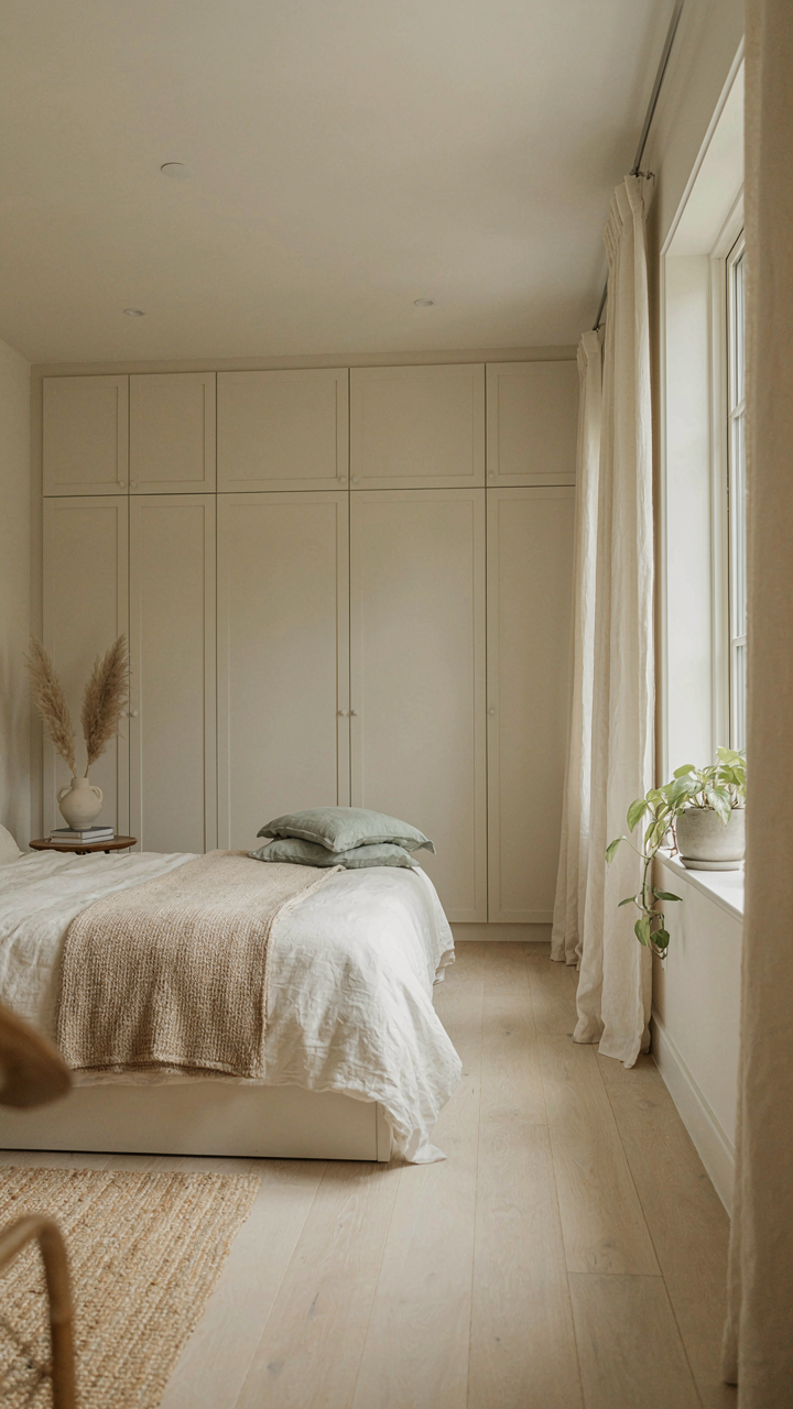 A farmhouse bedroom with a built-in wardrobe and shaker-style doors.