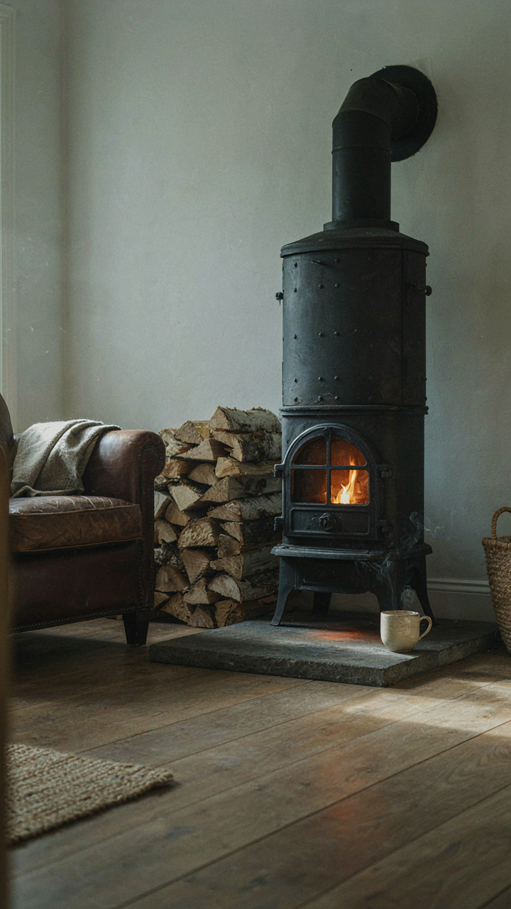 A rustic wood stove efficiently heats a minimal living area, a simple, durable system.