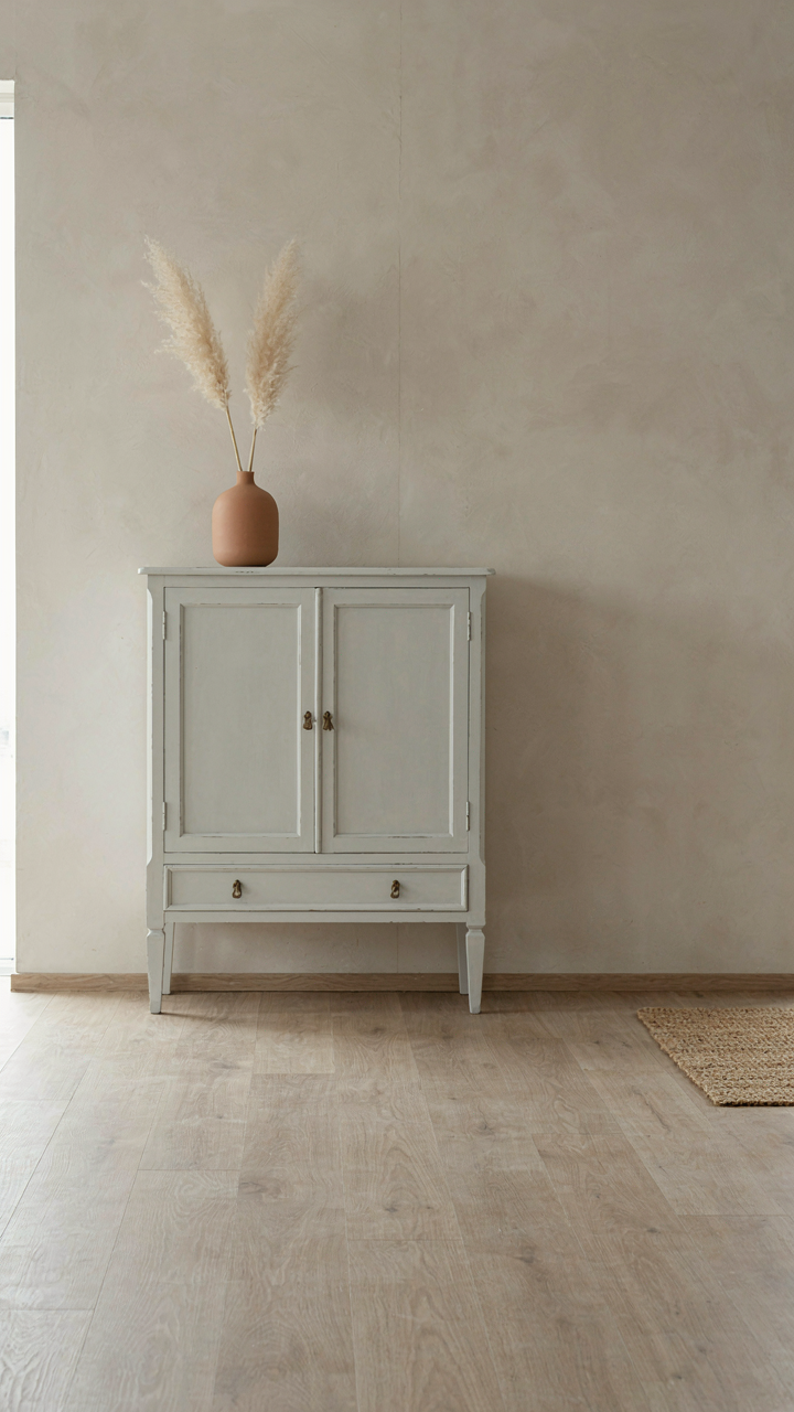 An elegant painted Gustavian cabinet in a minimalist swedish cottage setting.