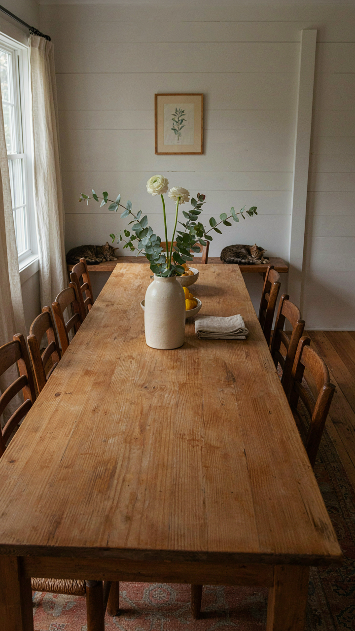 A uncluttered farmhouse dining room with a single centerpiece on the table.