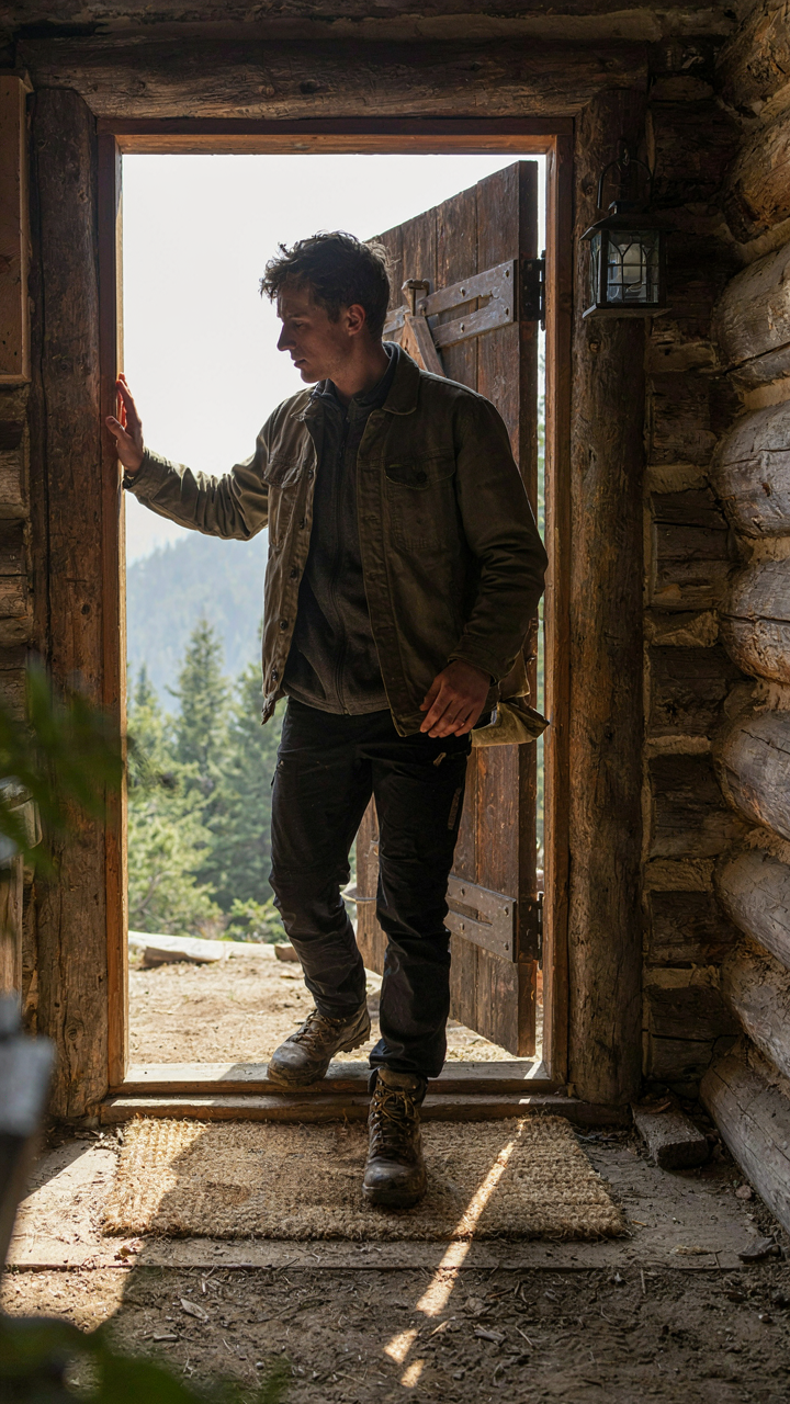 A hiker crosses a cabin entryway threshold, suggesting a transition between worlds.