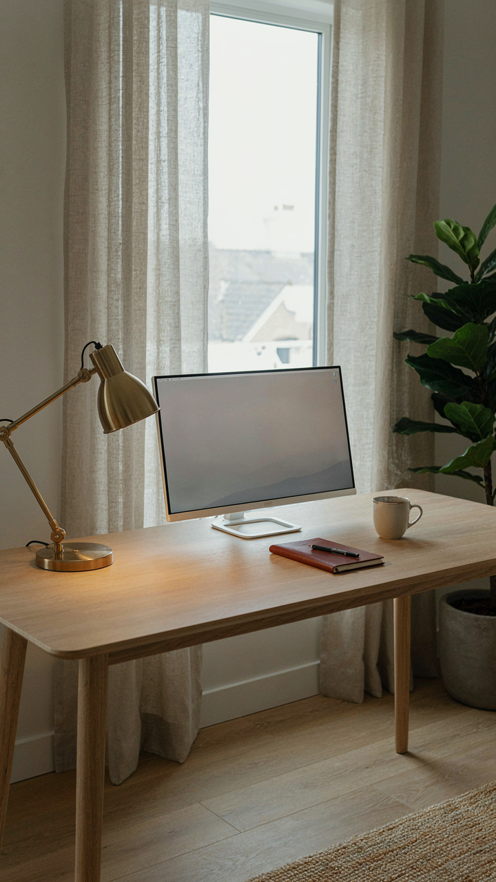 A minimalist wooden desk with a single monitor and lamp.