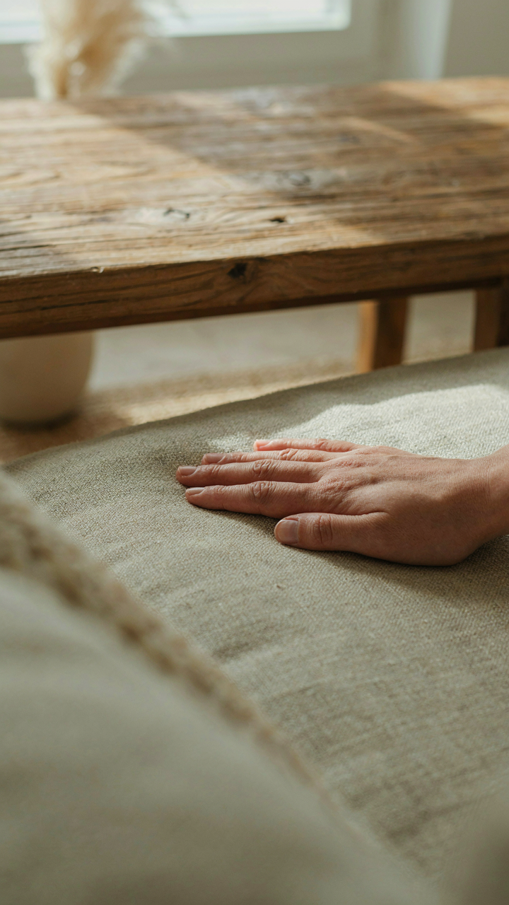 A hand touches a soft linen sofa next to a weathered oak table.