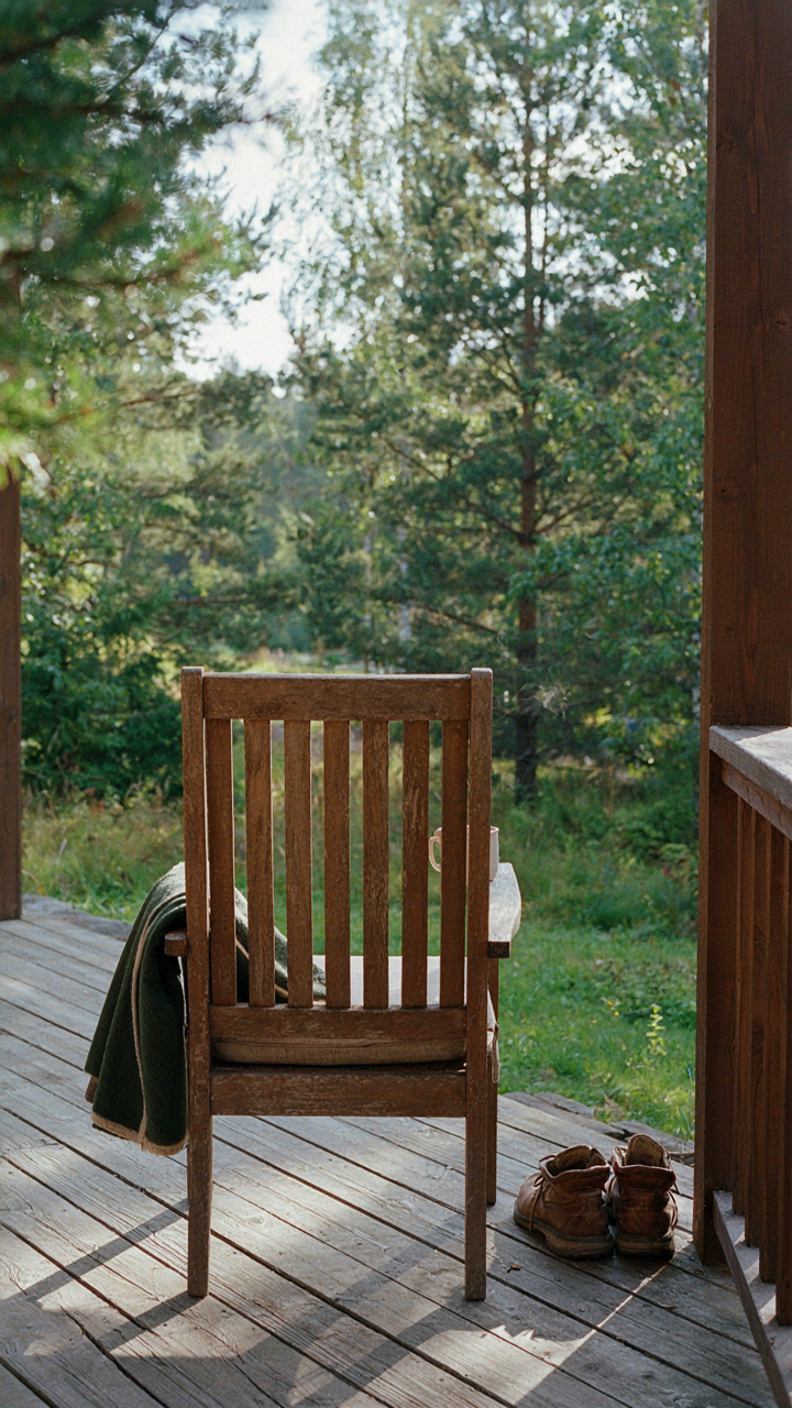 A rustic armchair on a cabin porch faces away from the house, looking at trees.