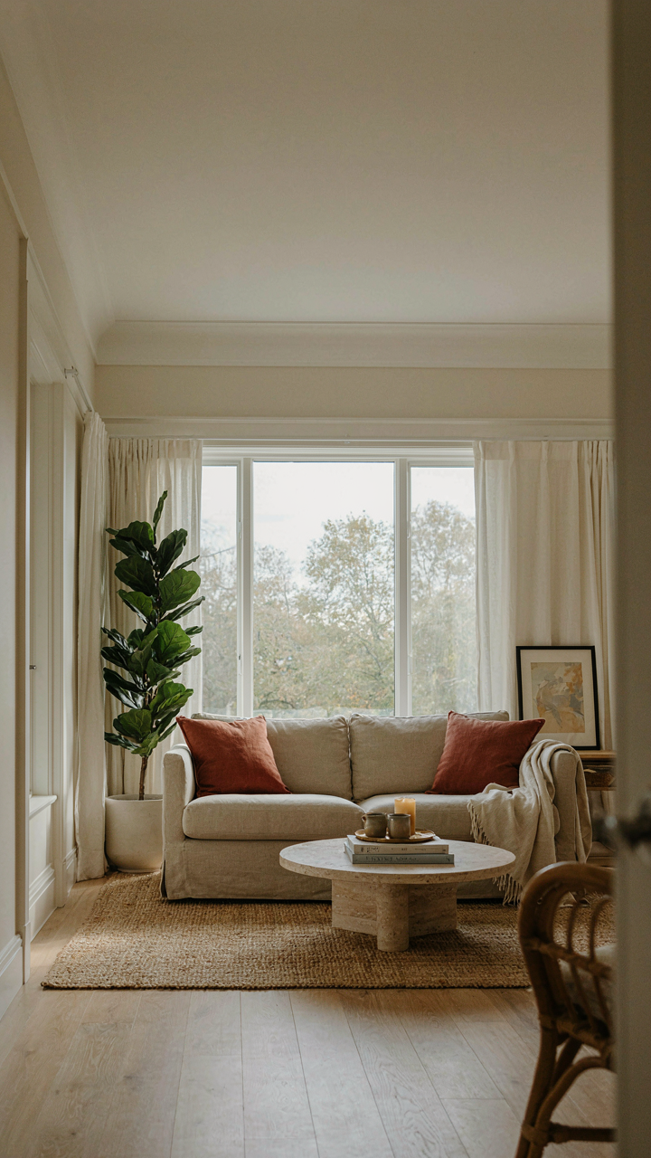 A living room with warm off-white walls and bright white trim and ceiling.