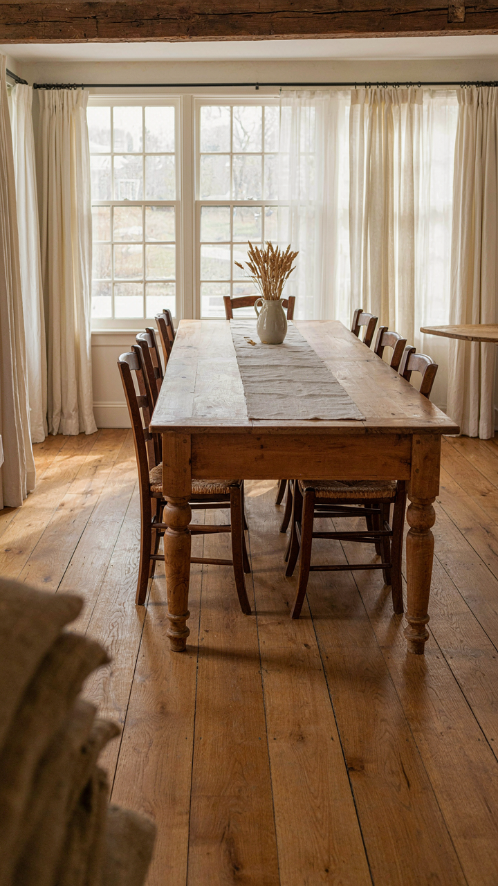 A classic, heavy solid wood harvest table in a farmhouse dining room.