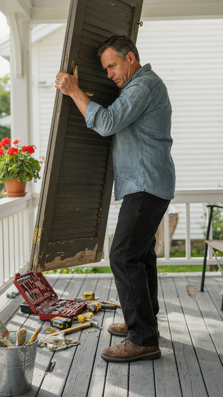 A person struggling to install a wooden shutter.