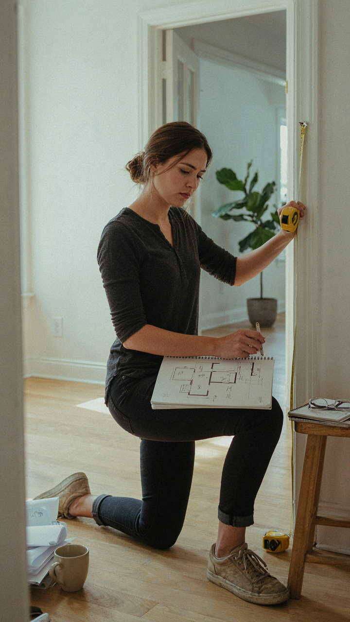 A person sketching a floor plan and measuring a doorway with tape.
